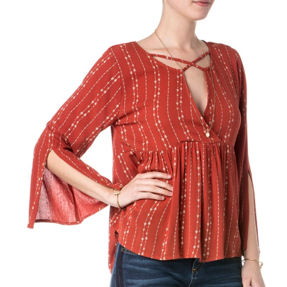 Miss Me Crisscross Split-Sleeve Peplum Top